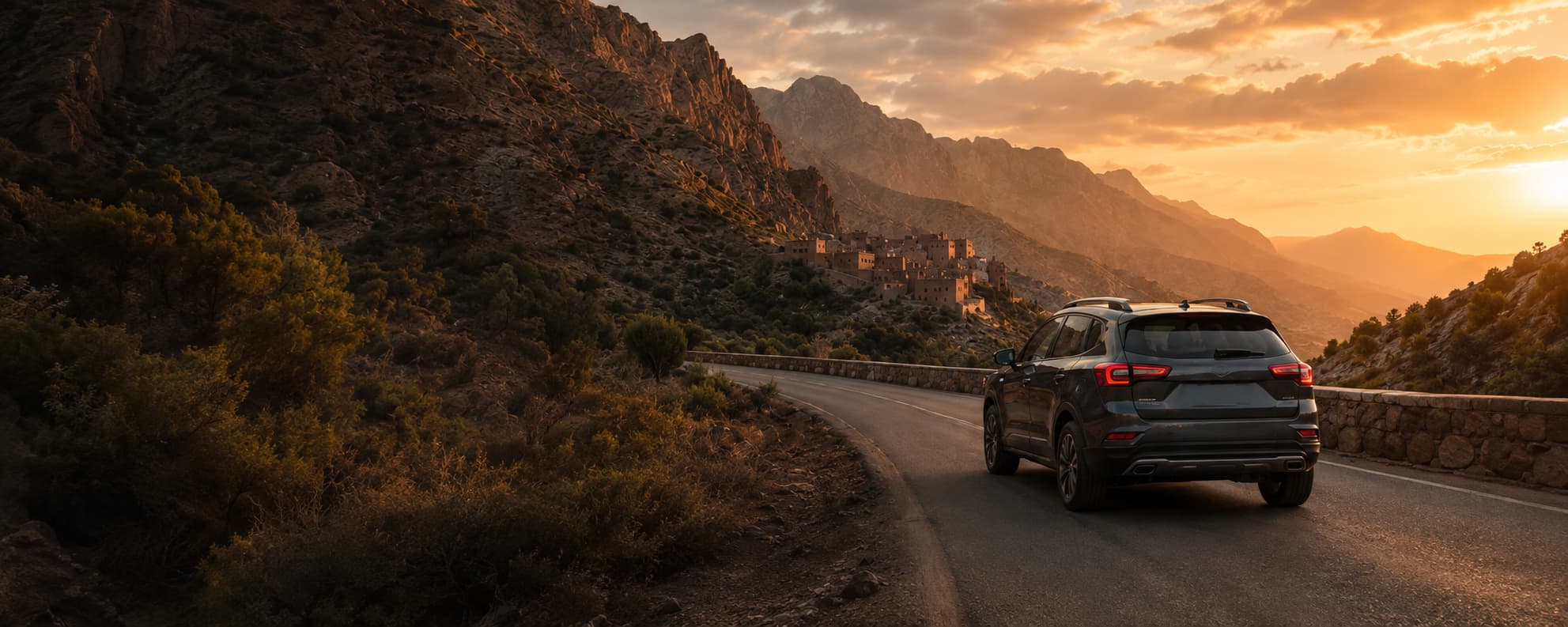 Car driving through the mountains at sunset