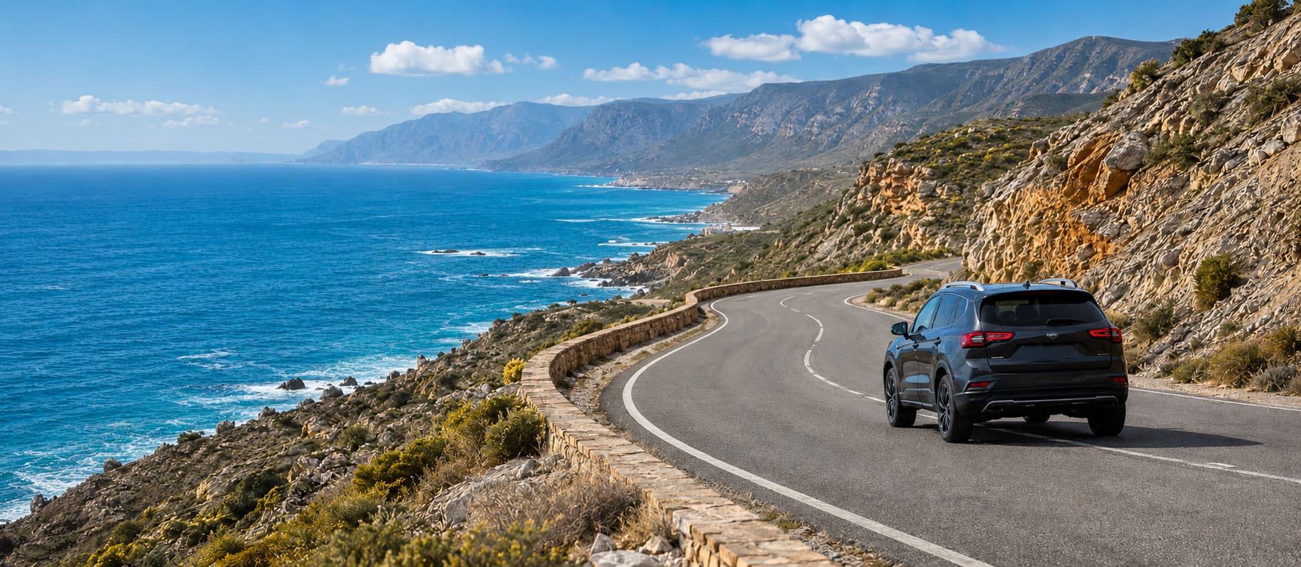 Rental car driving along Morocco’s Atlantic coast at sunset