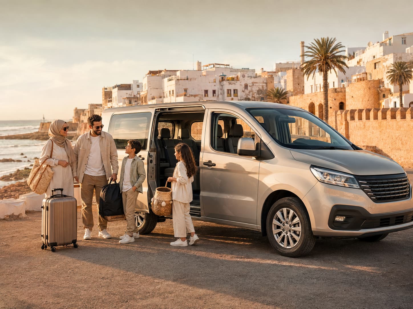Family with luggage beside a minivan on the Moroccan coast
